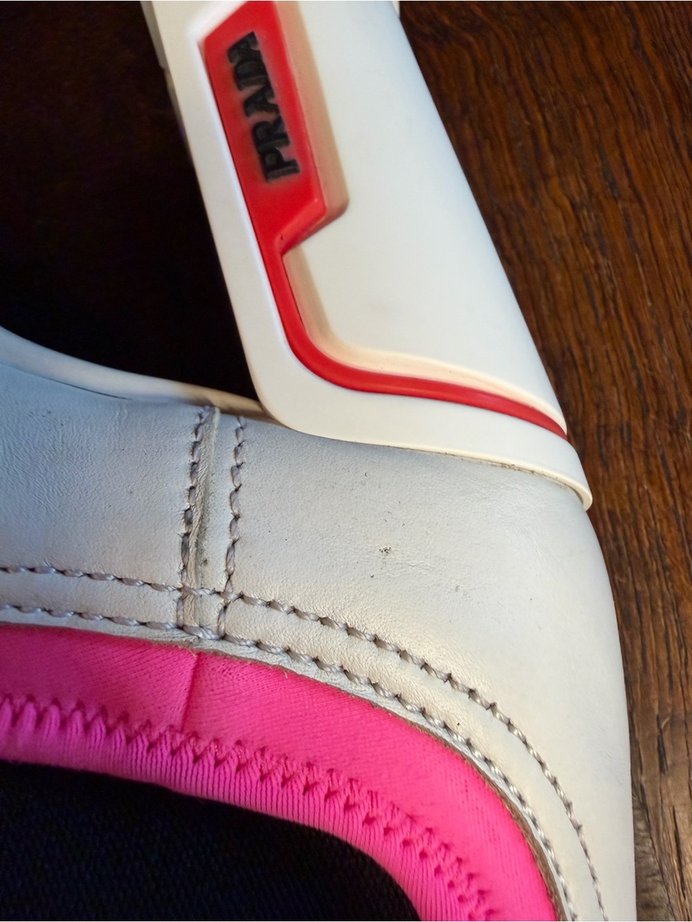 Prada White Leather & Neon Pink Neoprene Chunky Heel Lace Up Boots IT 6.5 - Picture 13 of 16